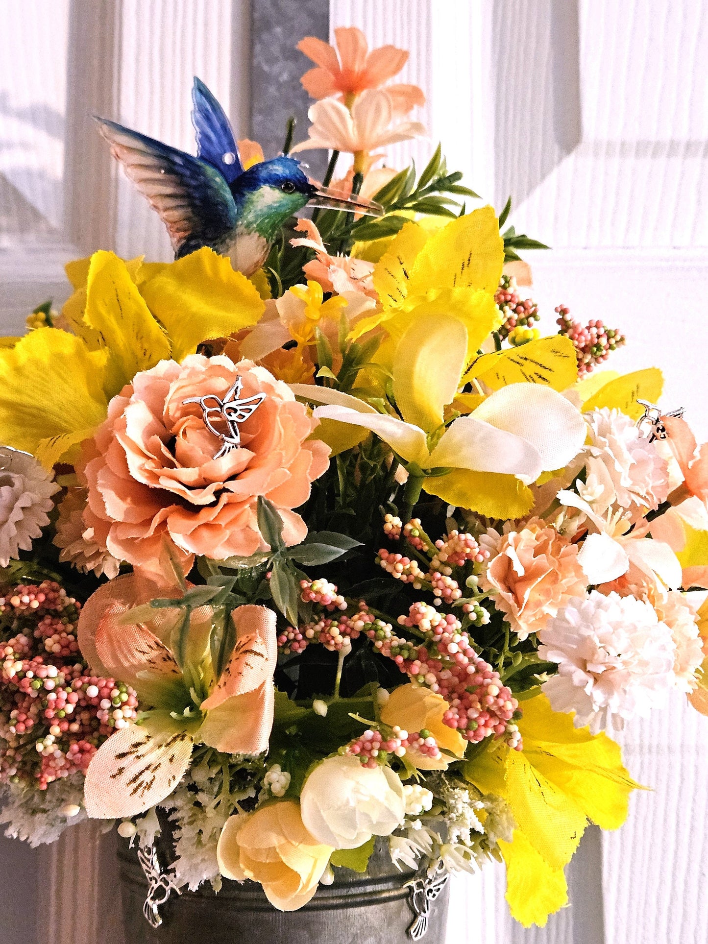Hummingbird Flower Arrangments, 2 Options, Hummingbird Lover Creations in Yellow/Peach or Piink/Purple Floral Colors, Lots of Hummingbirds
