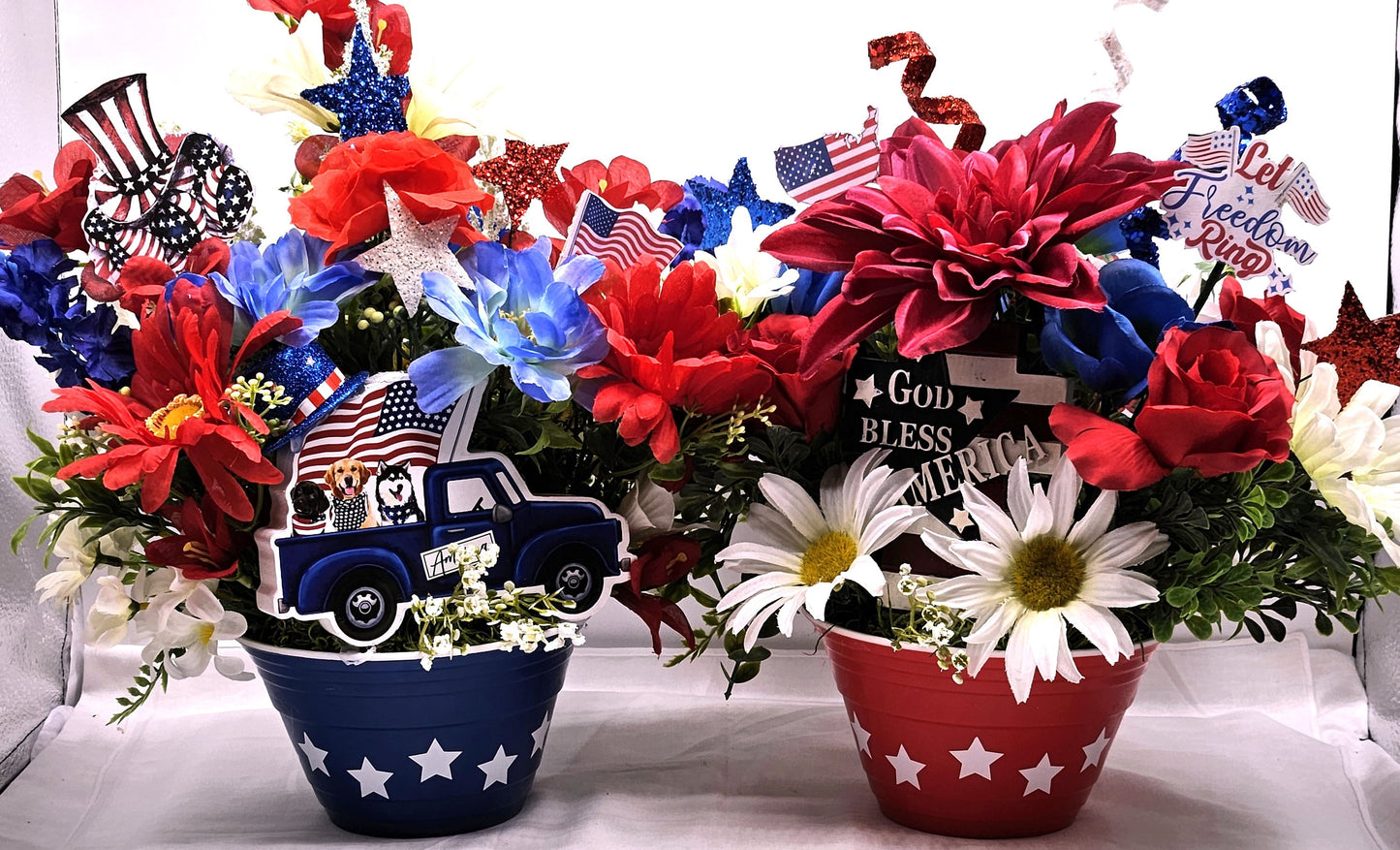 Patriotic Flower Arrangements, Red White Blue Flowers, God Bless America Sign, Celebrate America Decor