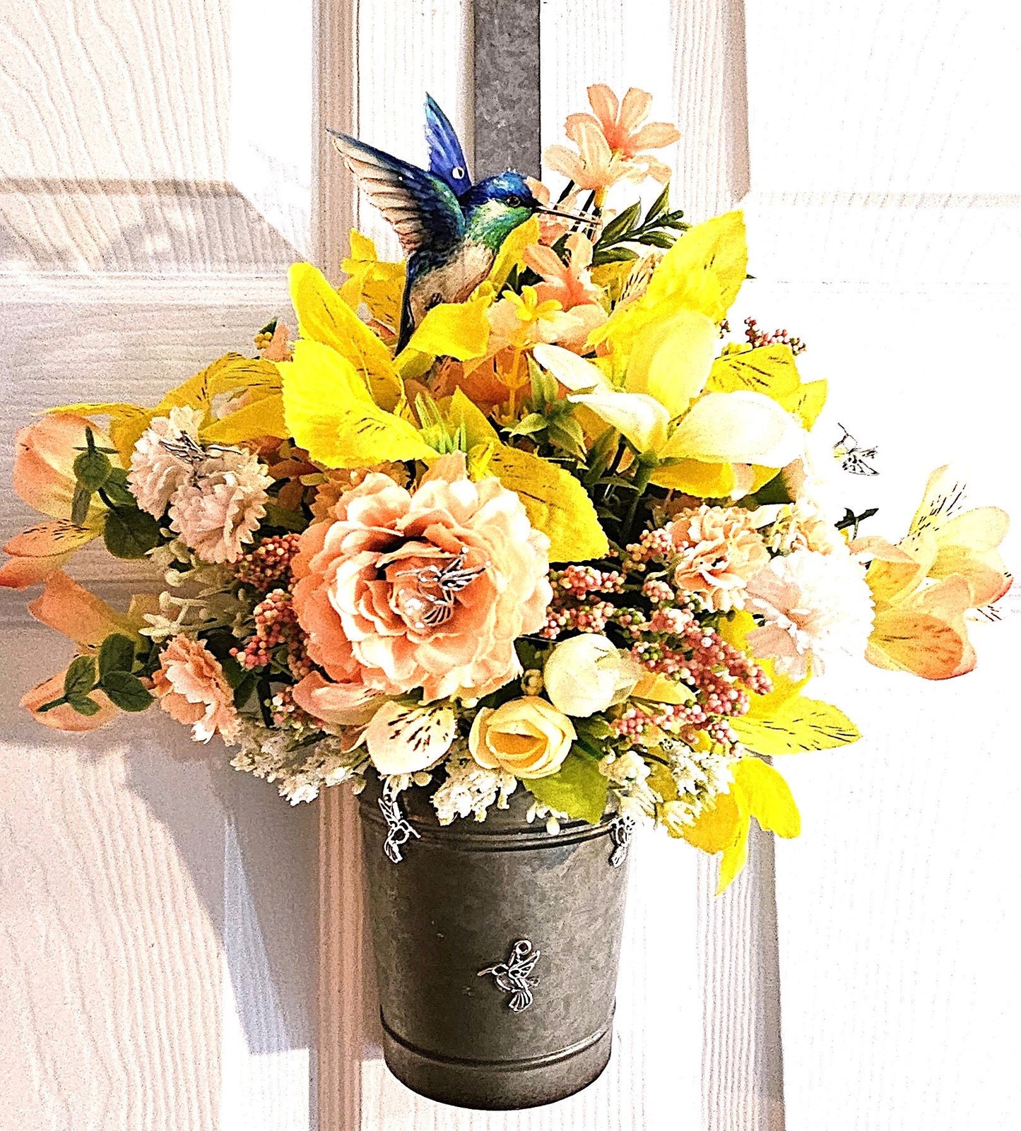 Hummingbird Flower Arrangments, 2 Options, Hummingbird Lover Creations in Yellow/Peach or Piink/Purple Floral Colors, Lots of Hummingbirds