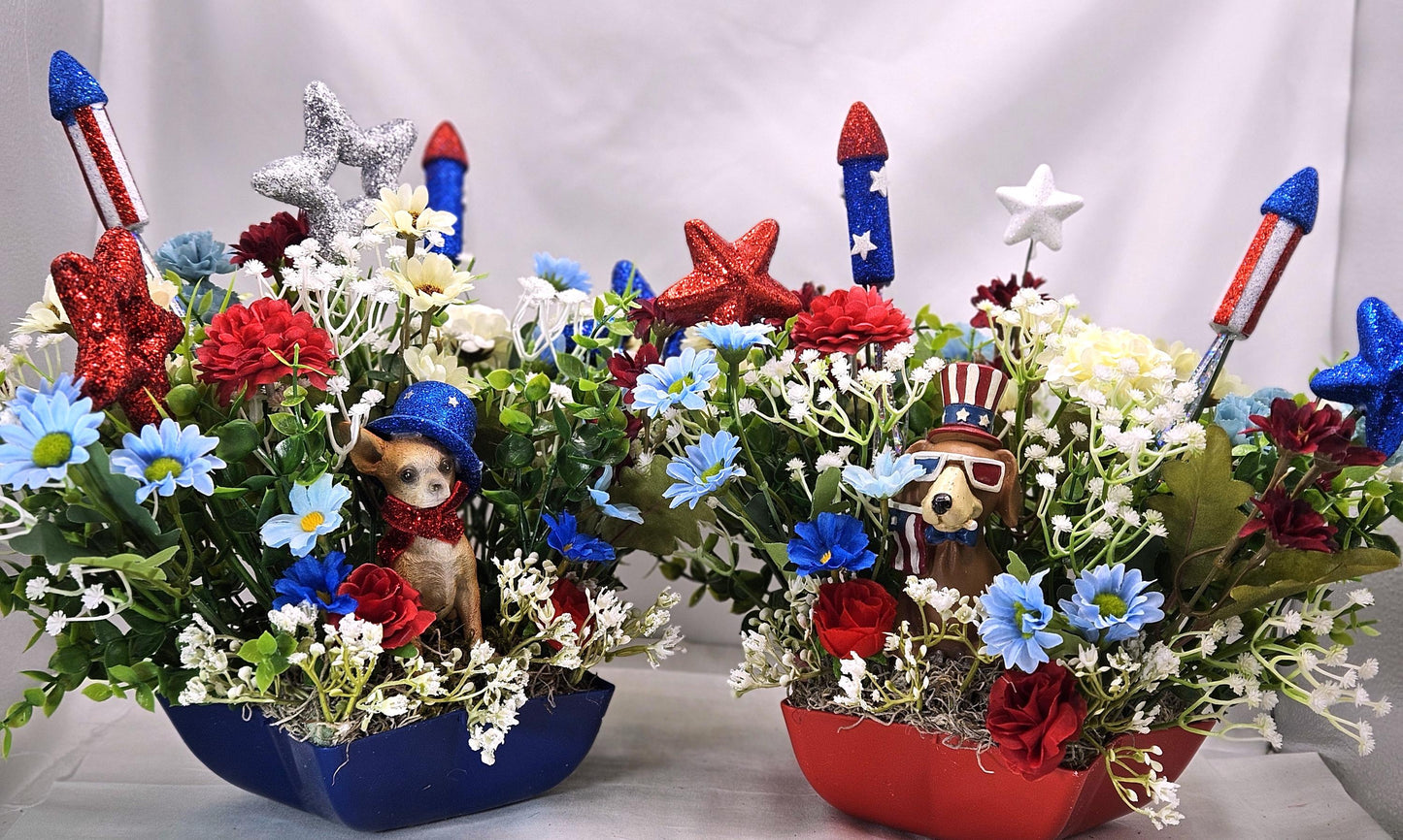 Dog Lovers Patriotic Florals/Two Options/Bully Type Dog or a Chihuahua Set in a  Star Shaped Dish wRed/White/Blue Flowers/Patriotic Accents