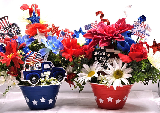 Patriotic Flower Arrangements, Red White Blue Flowers, God Bless America Sign, Celebrate America Decor