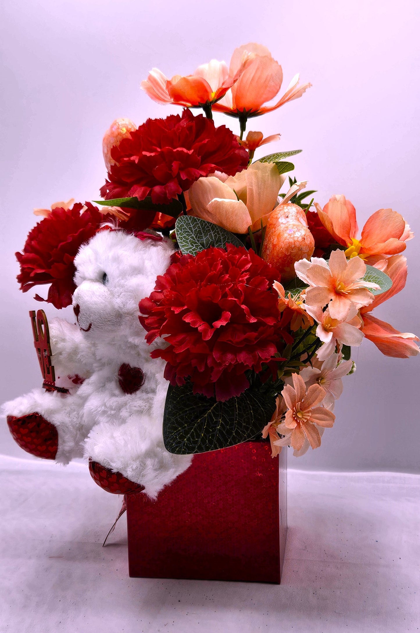 Romantic Flower Arrangement with White Bear Set in Red Gift Box - Red Carnations, Peach/White Florals, Glitter Hearts, and a Beautiful Bow"