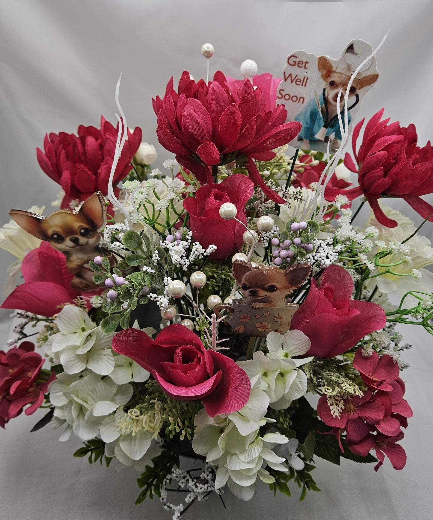 Get Well/Feel Better Floral Arrangeements Featuring Cheerful Chihuahua Pups Amidst a Red/White Flower Garden/Baby's Breath/Glitter Accents