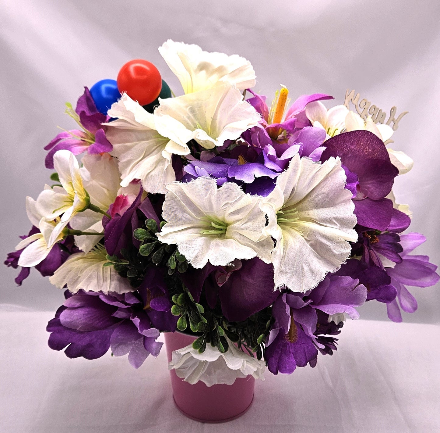 Happy Birthday Flower Arrangements, Two Options, Mom Birthday, Presents, Candles, Balloons, Happy Birthday Sign, Cute Cows, Party Hats