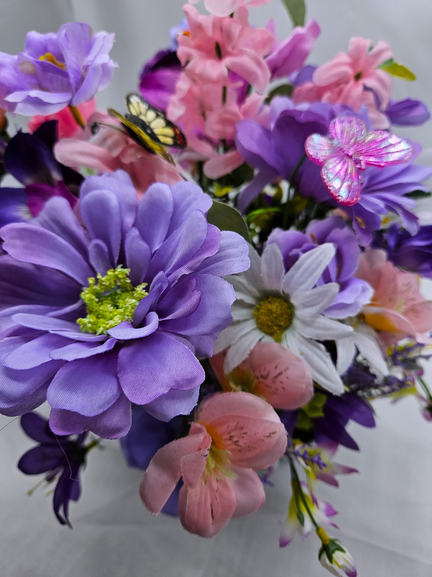 Bowl of Flowers for the Butterfly Lover,  Purple/Pink flowers, Several buterflies within the floral garden, Great Butterly Lover Gift