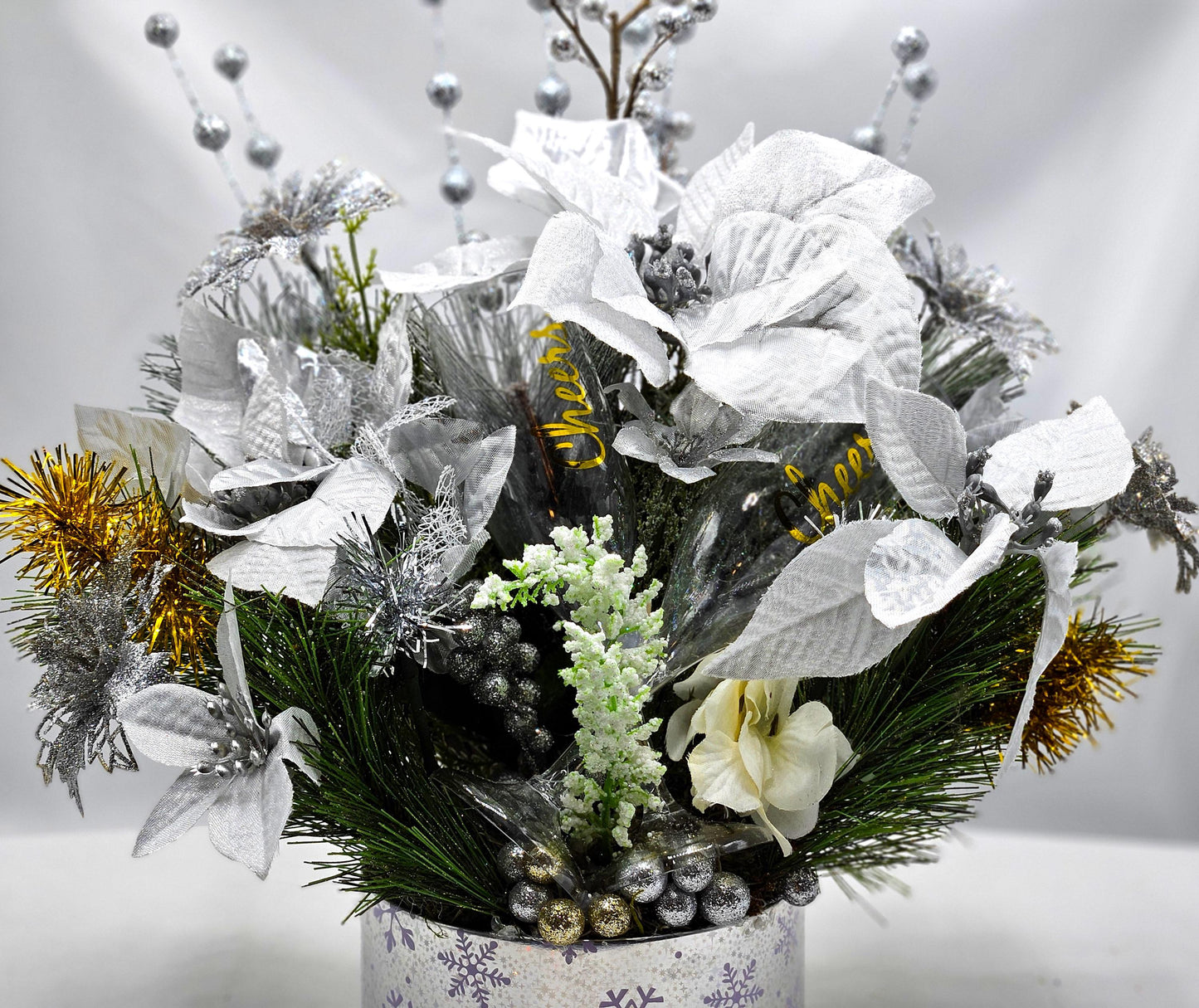 Congratulatory Centerpiece, 2 Options, Gold or Silver, New Year Toast/sparkly Silver or Gold Flowers/Accents/Celebrate in 2025