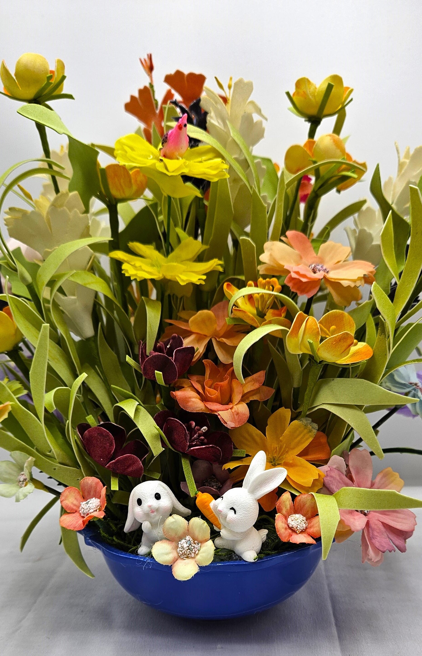 Colorful Spring/Summer Flower Arrangements with Whimsical Rabbit and Chick Accents - Available in Blue, Yellow, or Orange Bowls