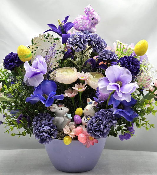 Easter/Spring Flower Arrangement/Purples/Lilac Flowers/Greenery/Cute Bunny Couple/Glittery Eggs/Happy Easter Sign/Easter Accens/Lilac Dish