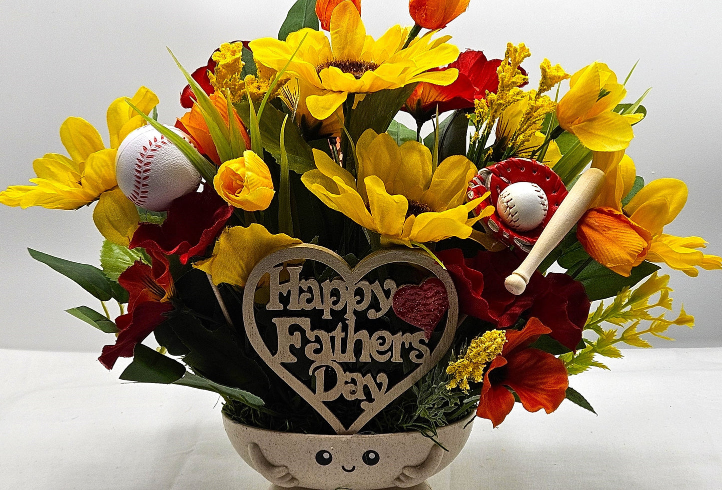 Happy Father's Day Floral Display - Baseball Dad Theme with Rustic Wooden Sign - Unforgettable Dad Gift"
