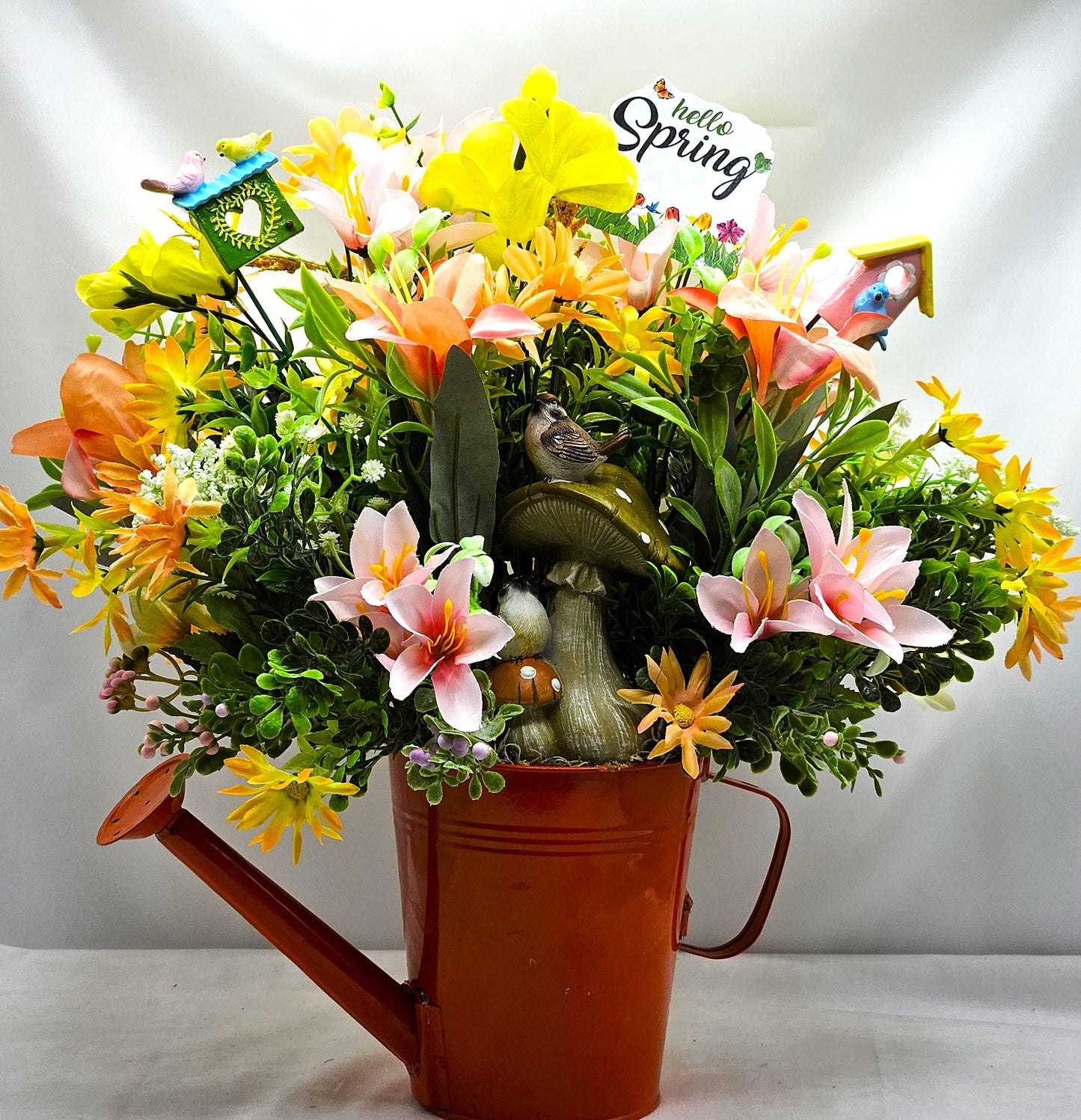 For the bird lover, Spring/Summer Floral Arrangement Set in Orange Watering Can w/Birds Atop Mushrooms/Other Bird Accents/Colorful Flowers