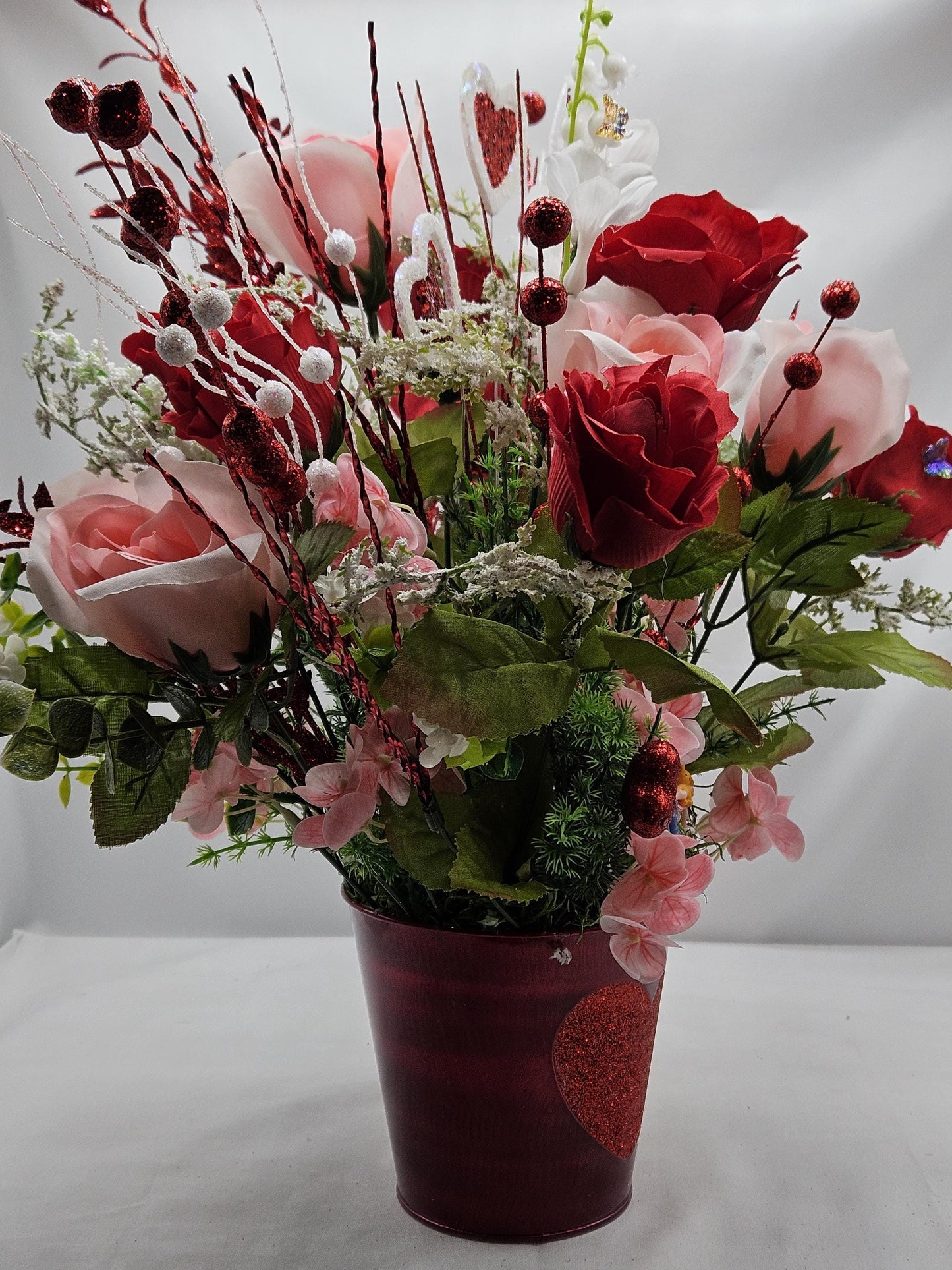 Romantic Flower Centerpiece with Pink and Red Roses, Kissing Couple, Valentine Decor, Butterflies, Hearts, Glitter Accents