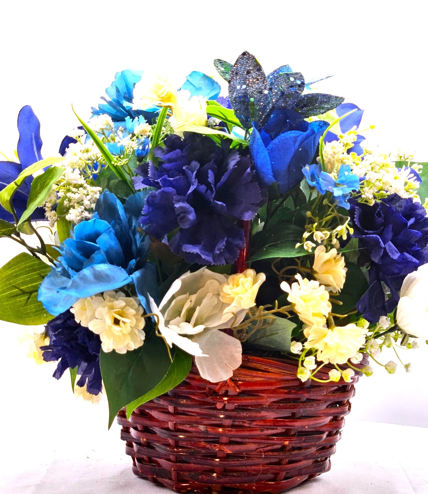 Charming Blue Artificial Flower Basket, Silk Floral Decor, White Accents, Unique Gift for Her, Wedding Decor