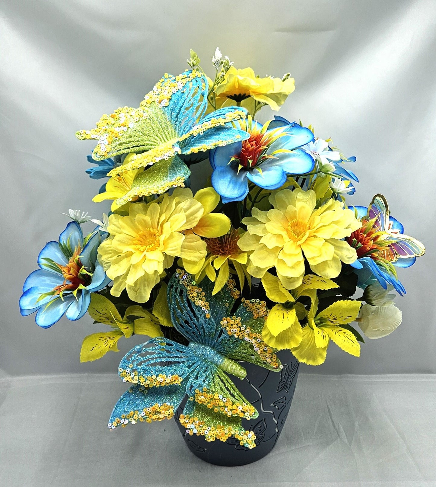 Butterfly Flower Arrangement, Sparkling Butterflies and Florals in Decorated Butterfly Pot, Yellow/Teal Blue Flowers & Butterfly Accents