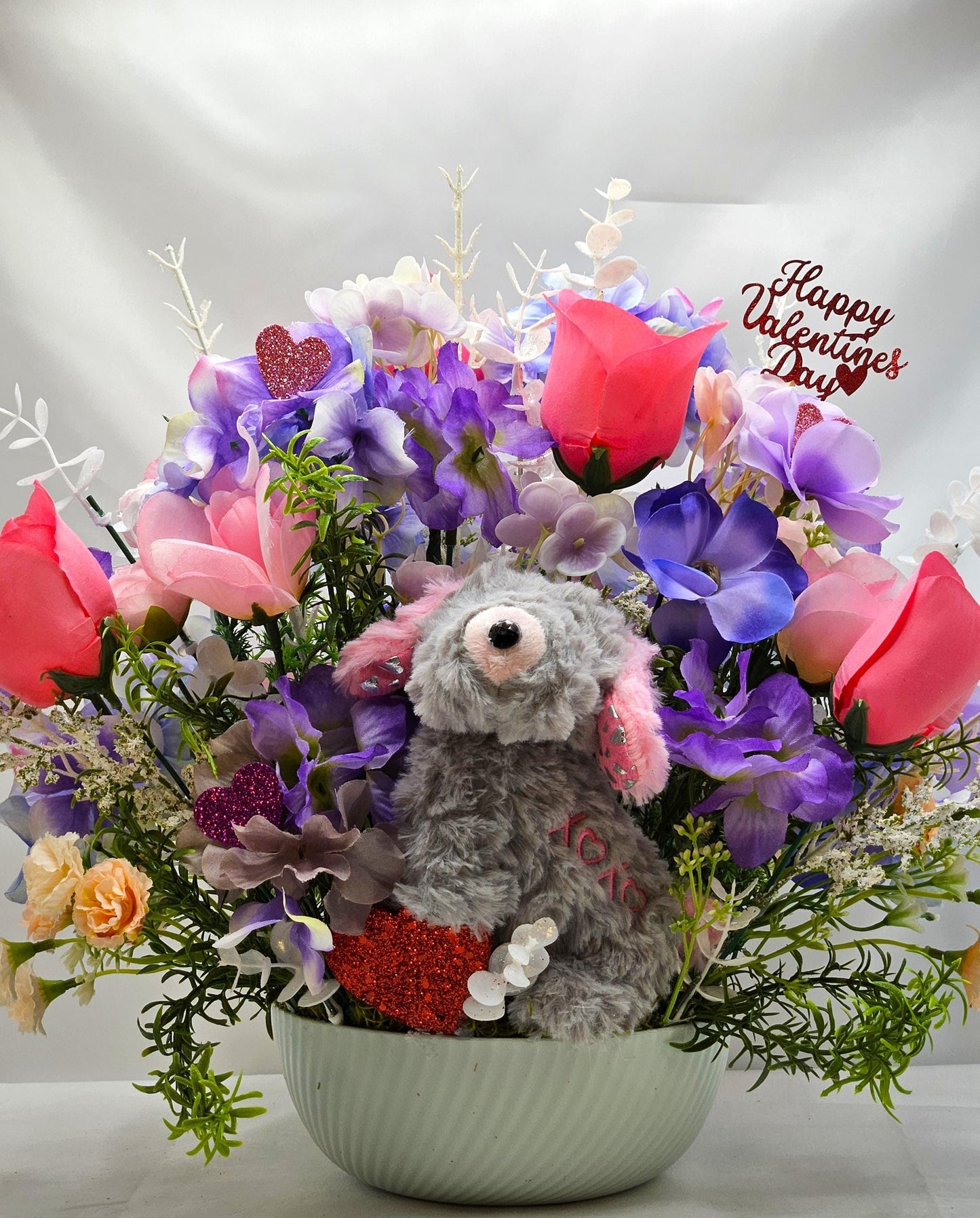 Valentine Romantic Decor, Fluffy Grey Puppy, Pink Roses Magic, Purple Flowers, White Glitter Shine, Gift, Greenery