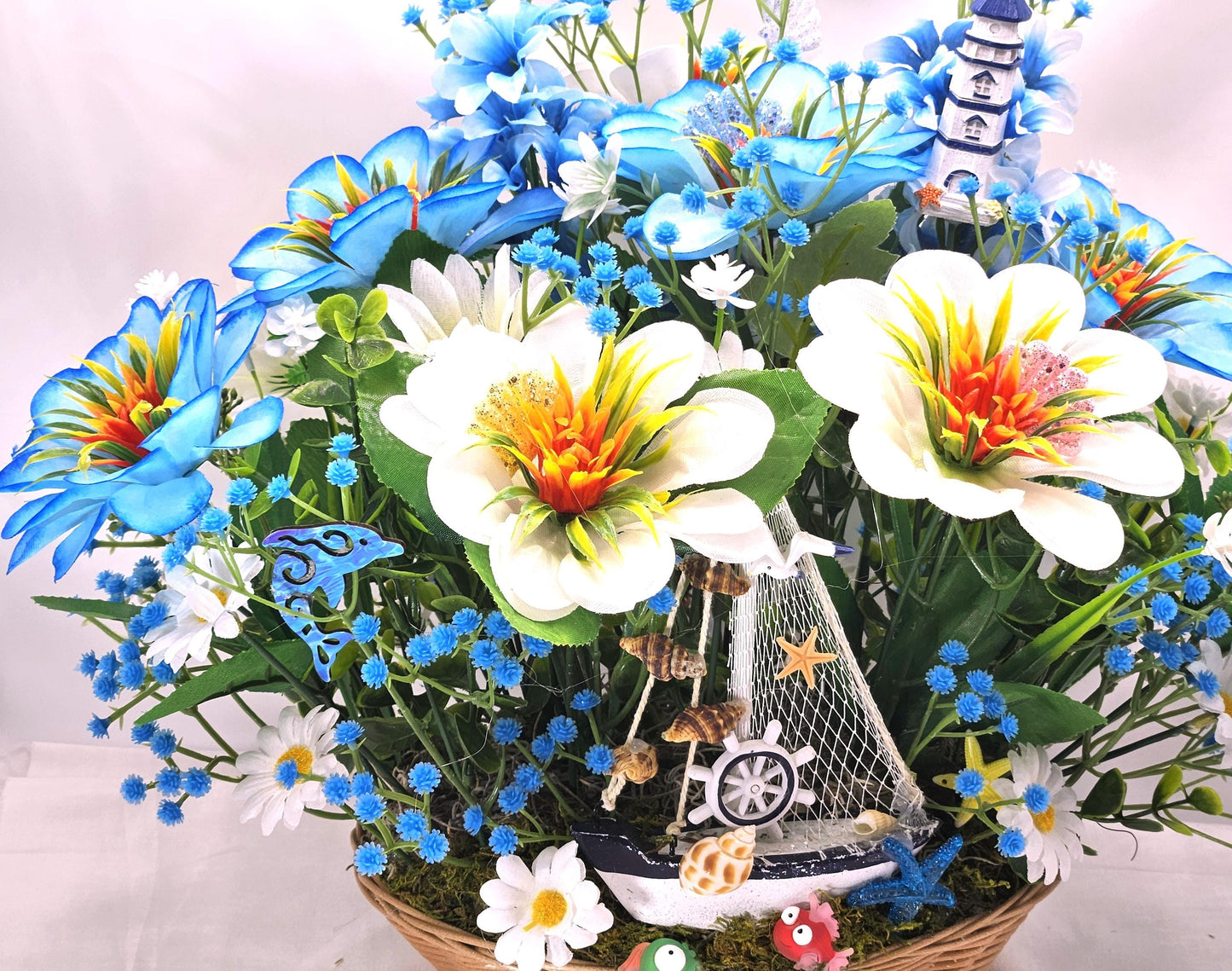 Love the Beach Tropical Floral Arrangement, Sea Shells, Turtle, Starfish, Lighthouse Decor, Blue & White Florals