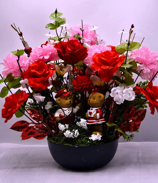 Romantic Centerpiece Sweetheart Bears, Bear Figures with Red Roses, Pink Carnations, Valentine's Gift