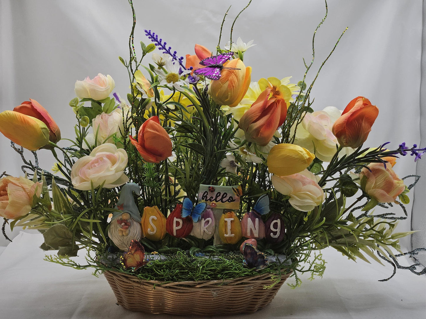 Winter Blues? Welcome Spring Flower Arrangement w/Bright Spring Flowers and Lucky Gnomes, Two Options in Oval Wicker Basket/Great Gift/Decor