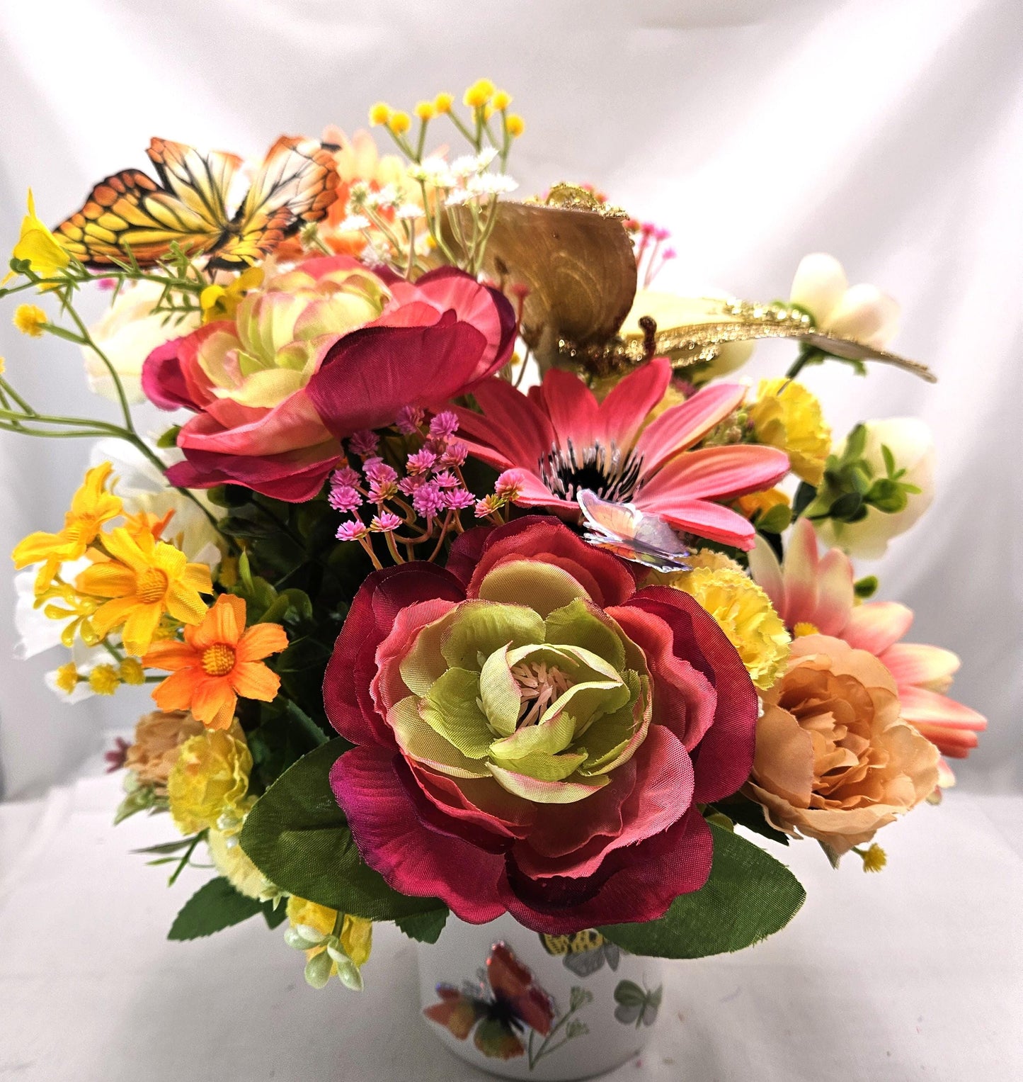 Butterfly Lover's Delight Floral Centerpiece/White Mug Adorned w/MLoths and Butterflies/Large Gold Butterfly Accent/Pink/Yellow/White Floral