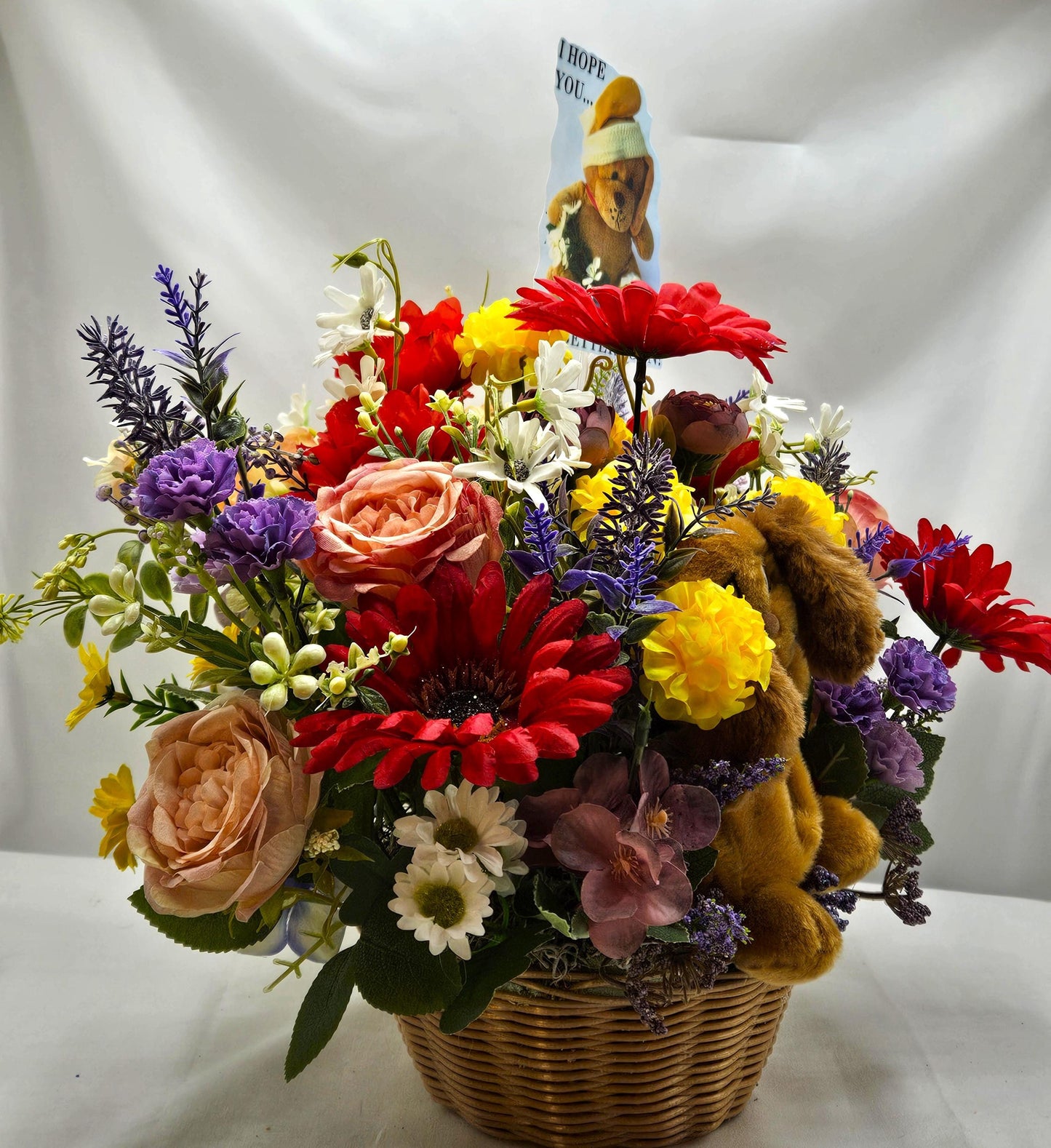 Get Well Floral Centerpiece with Cute Dog/Lift Someones Spirit W/This Charming Gift/Chase Away the Blue sand Make Someone Smile/Colorful