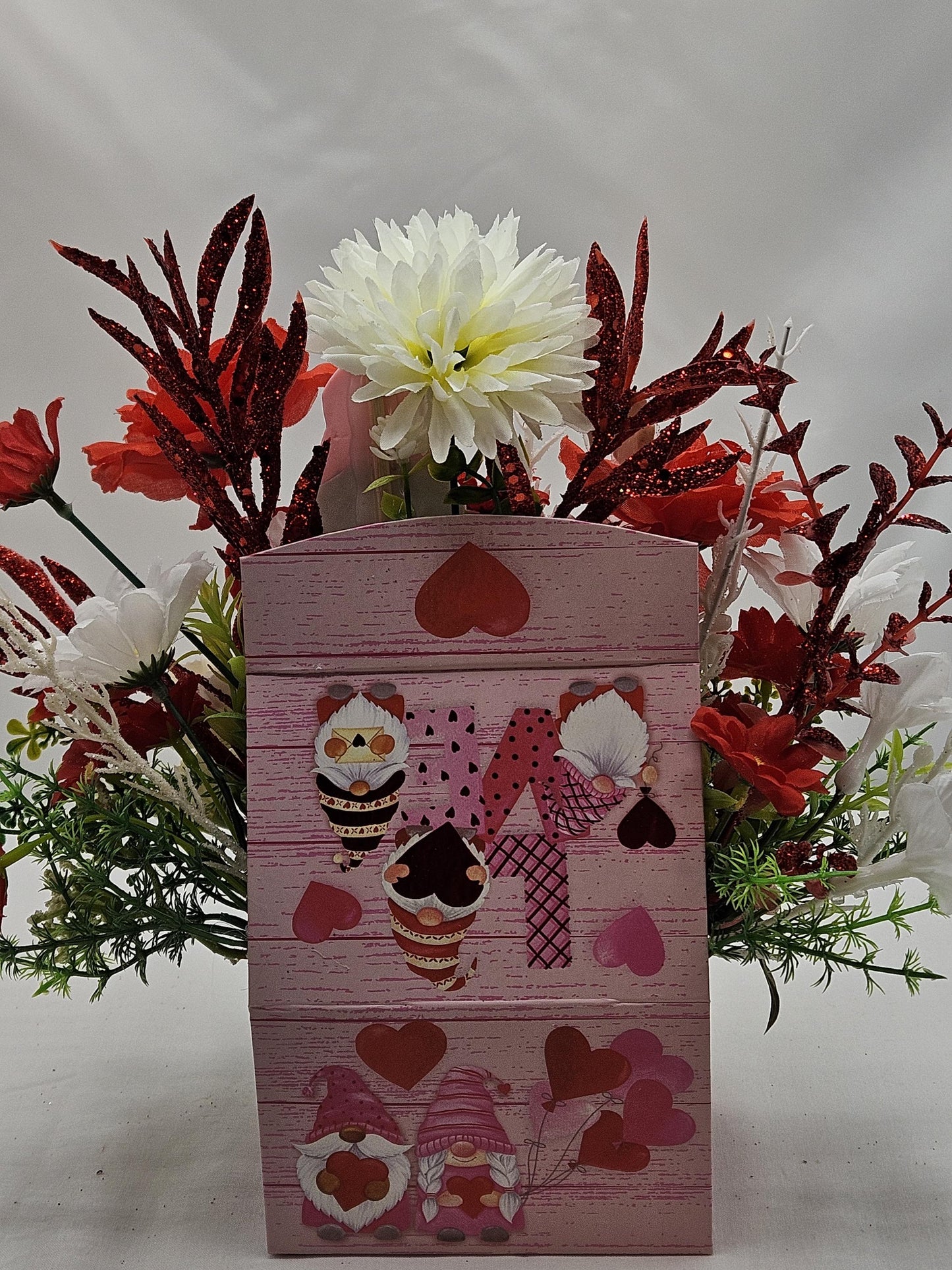 Gnome Heart Romance, Floral Arrangement in Decorated box w/lid, Two Options, Red Carnations/White Roses or Red Roses/White Carnations /Love