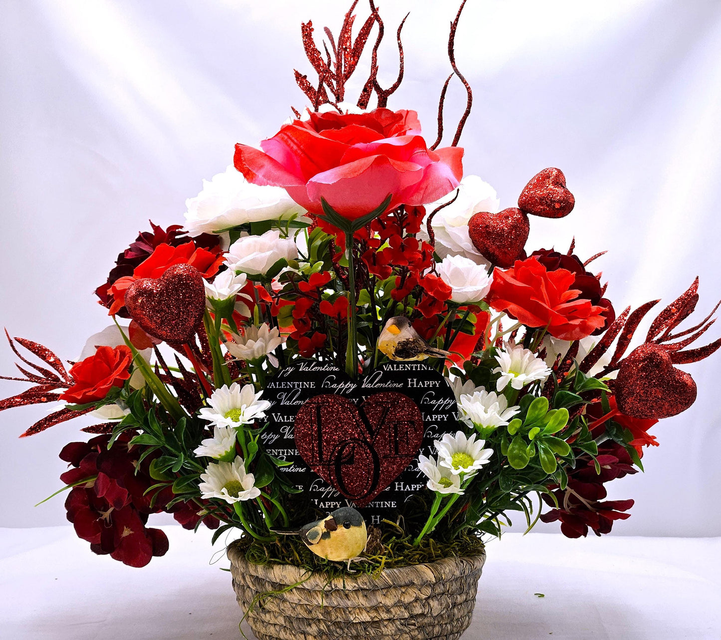 Valentine Floral Heart Garden Decor, Red Roses, White Daisies, Hydrangea, Greenery, Mushroom Birds Accent, Romantic Gift