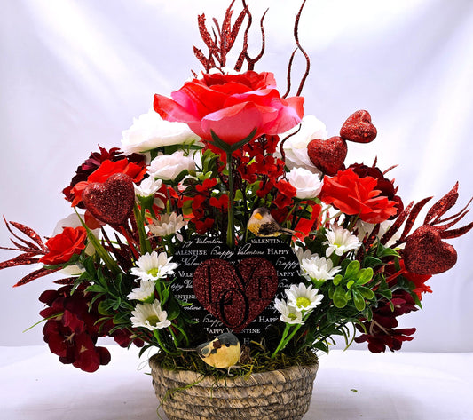 Valentine Floral Heart Garden Decor, Red Roses, White Daisies, Hydrangea, Greenery, Mushroom Birds Accent, Romantic Gift