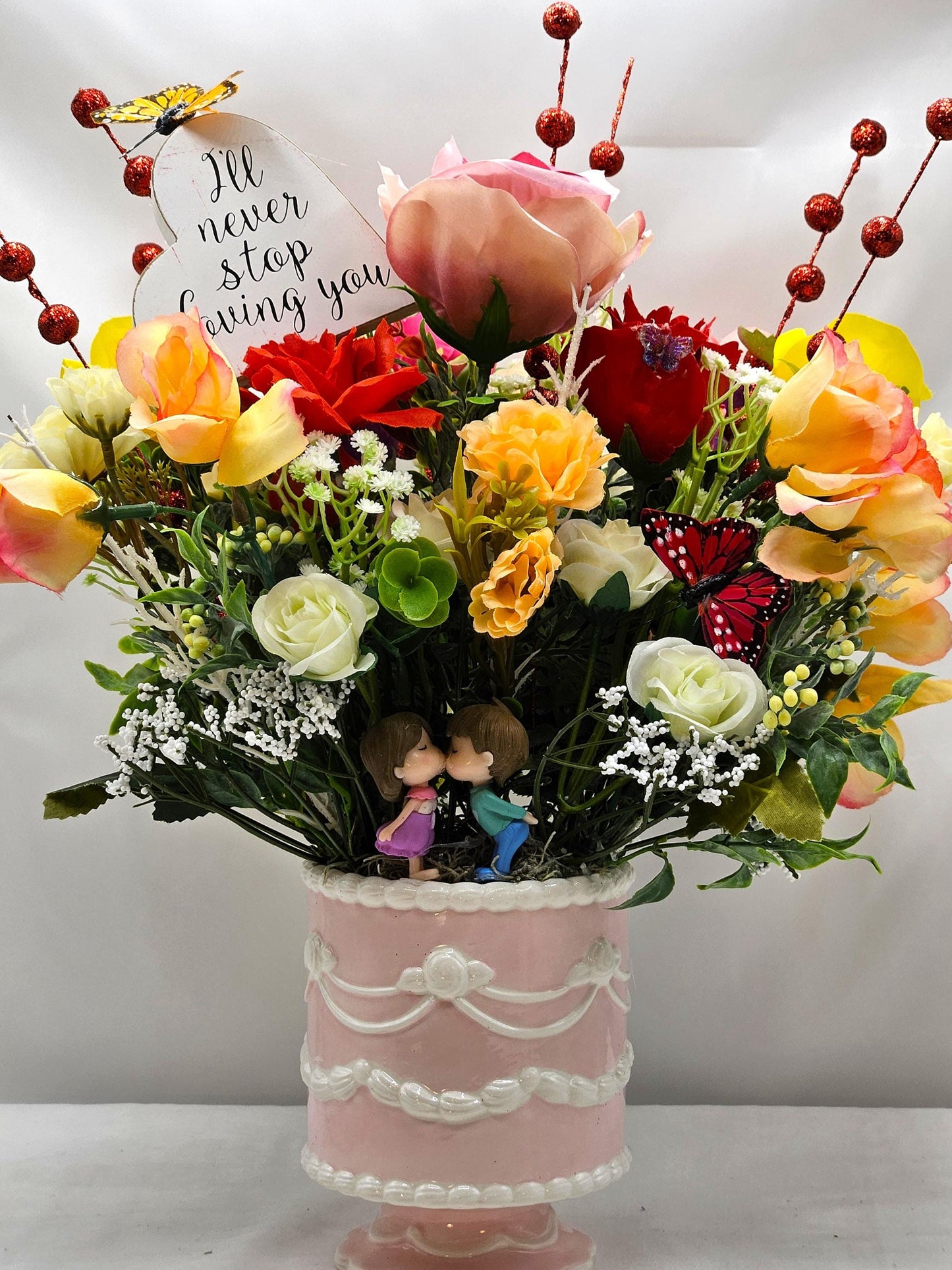 Loving, Heartwarming Love Flower Arrangements in a Footed Ceramic with Sweetheart Couples, 2 Choices, With Hearts/Love Sentiments