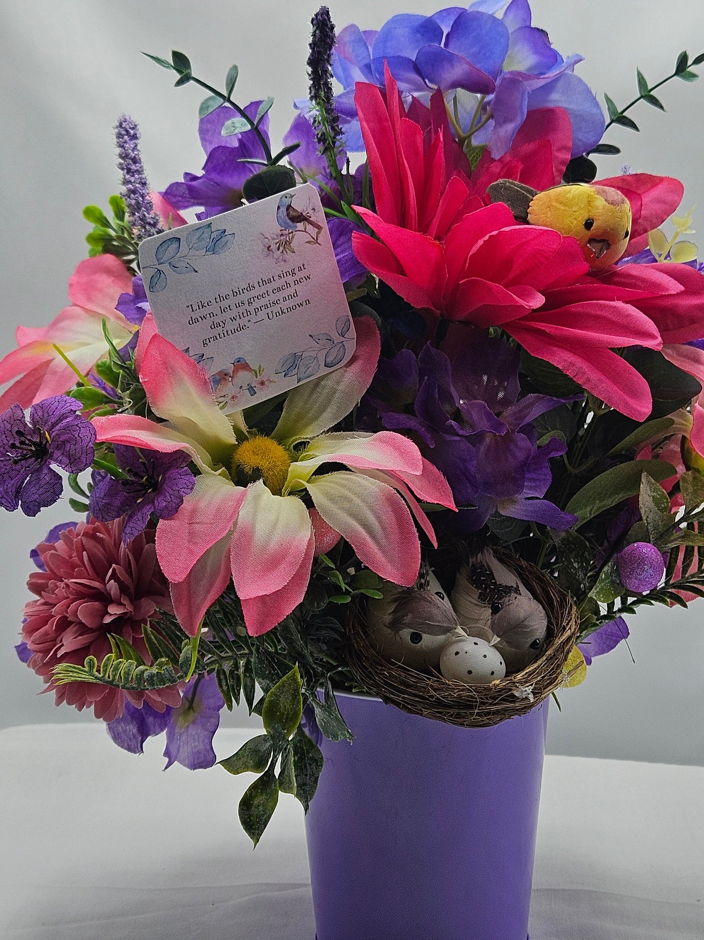 Flower Arrangement with Message to Greet Each New Day With Praise and Gratitude, Birds Throughout the Garden, Bird Lover Gift