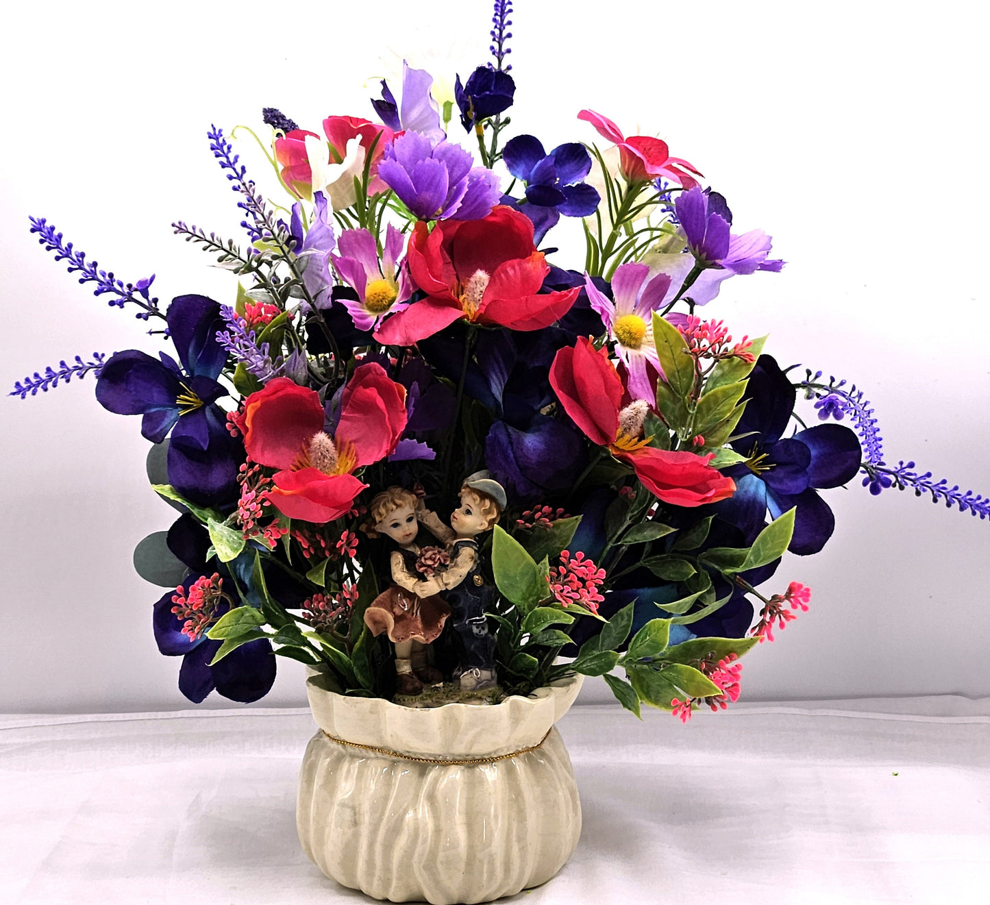 Vintage-Inspired Girl/Boy Figurine in Vibrant Purple Floral Arrangement on Gold-Trimmed Cream Ceramic Pot, Gift for Her/Home