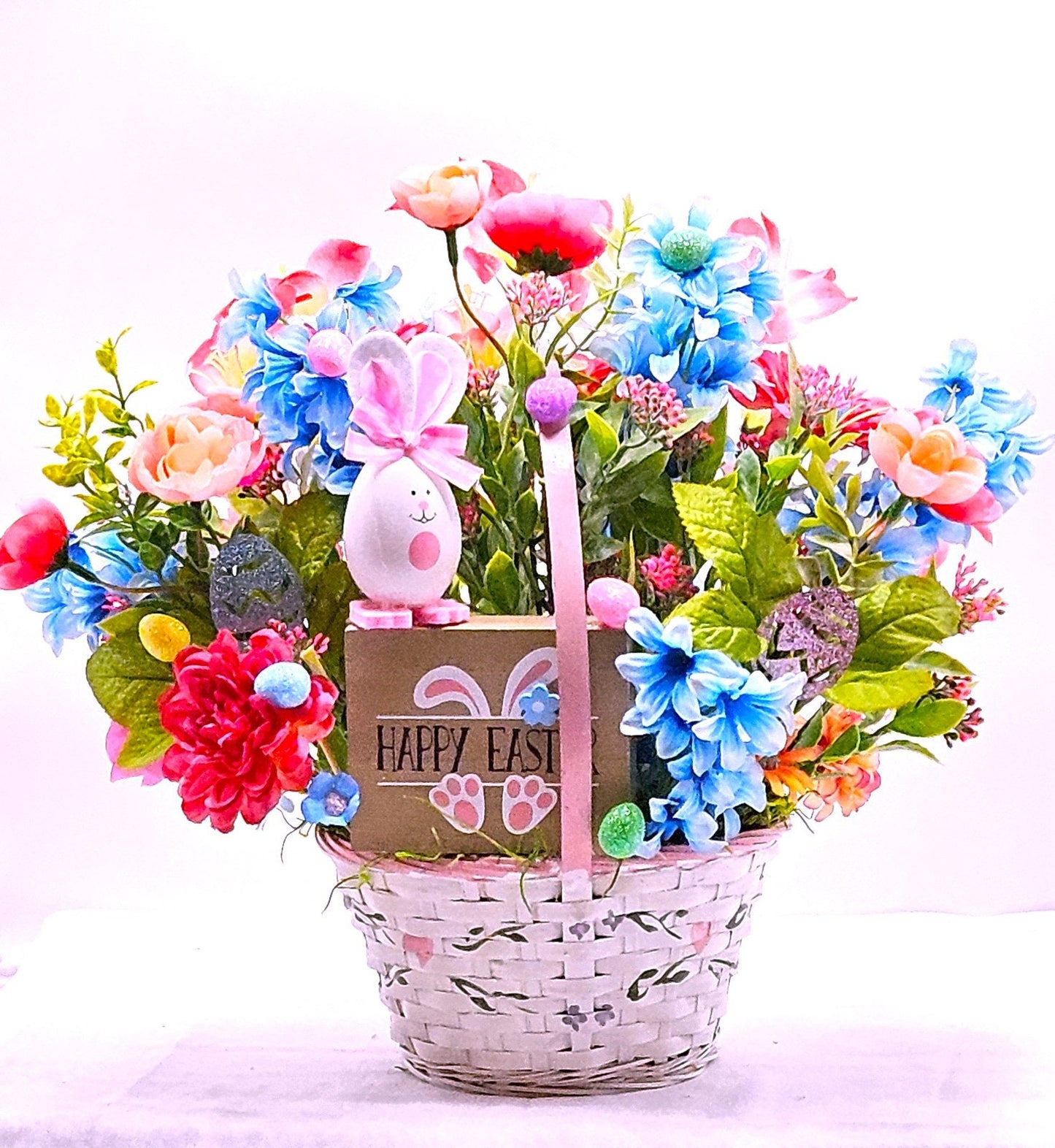 Springtime Delight Handmade Happy Easter Bunny Flower Basket with Glitter Eggs and Pastel Flowers