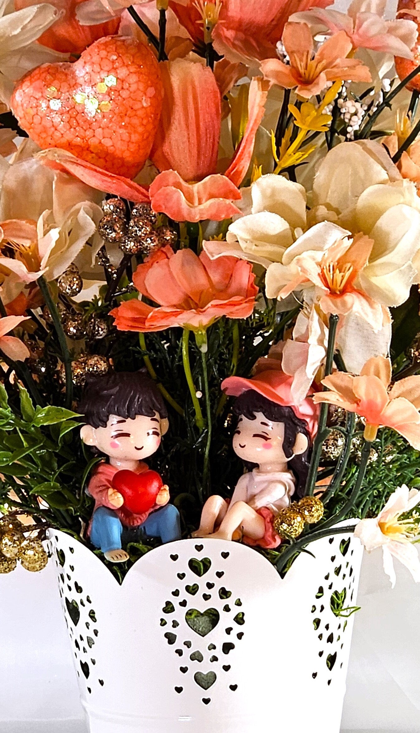 Romantic Centerpiece, Peach Flower Arrangement, Sweetheart Couple, Love Flower Arrangement