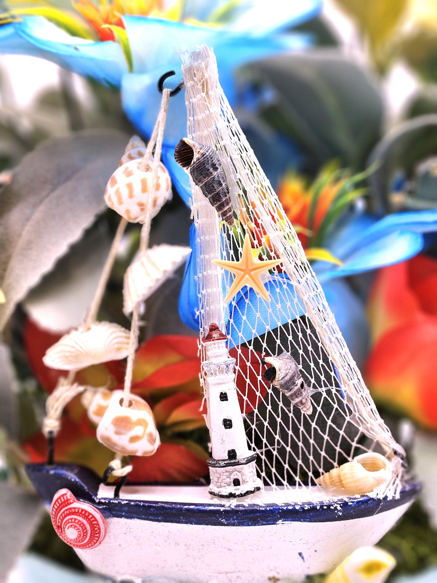 Seaside Serenity Coastal Decor, Sailboat and Lighthouses, Teal/Aqua Flower Arrangement, Beach Lover Gift, Sea Life Decor