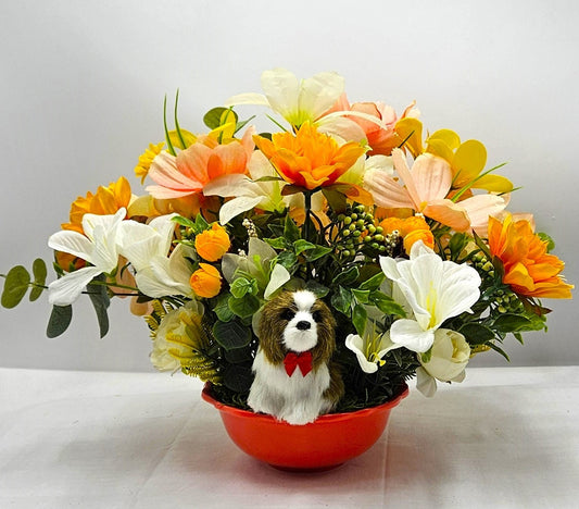 Dog Lover's Flower Centerpiece in Yellow, Orange, or Blue Bowl - Vibrant Spring/Summer Floral Arrangement