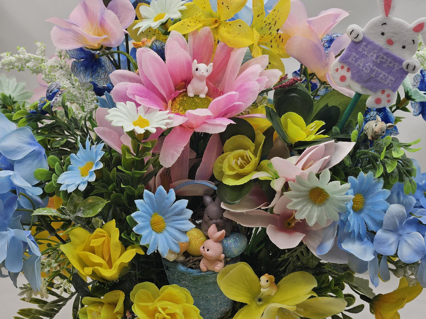 Whimsical Easter Centerpieces/Egg-Decorated Pail, 2 Options, A Ciute Rabbit Couple orr Bunnies in a Basket, Bunny/Egg Accents/Bright Florals