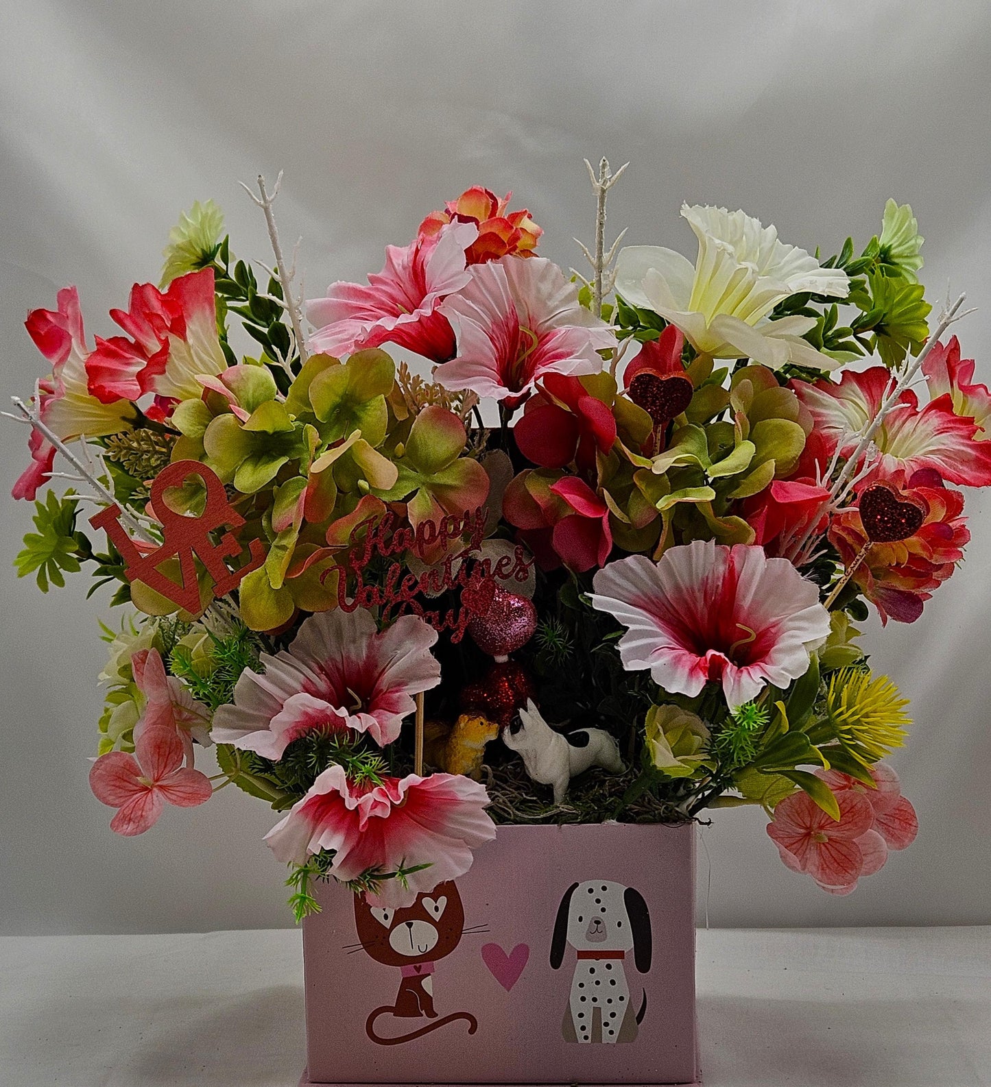 Paw-Fect Togethe Romantic Floral Gift in Decorated Box, Puppy Figures/Hearts/Pink/Green Flowers/White Glitter Accents/Love Gift