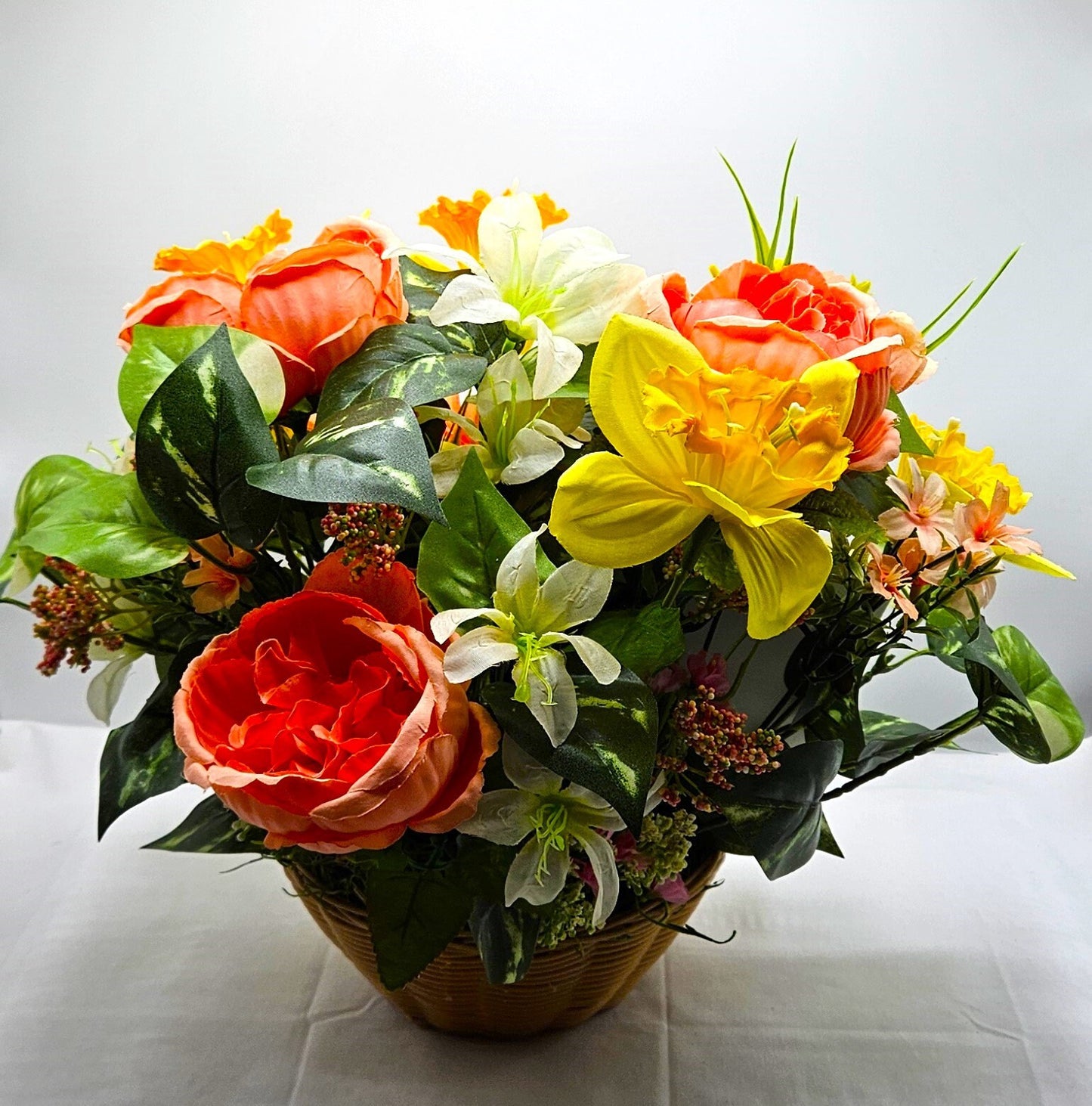 Hello Spring Flower Arrangement Featuring Cute Bunnies Amidst Daffodils, Cosmos, Peonies and Other Spring Flowers and Greenery