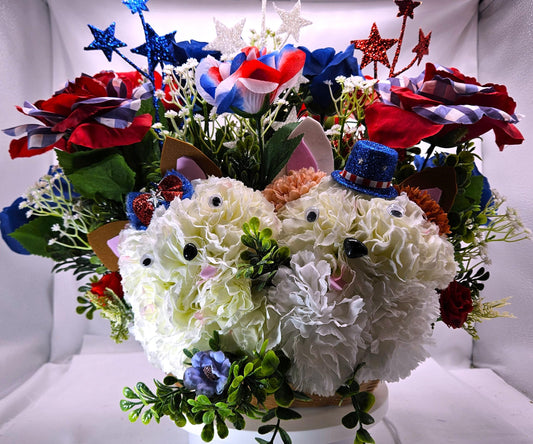 Patriotic Floral Garden Decor, Red White Blue Roses, Carnation Flower Dogs, Sparkly Stars Accents, God Bless America