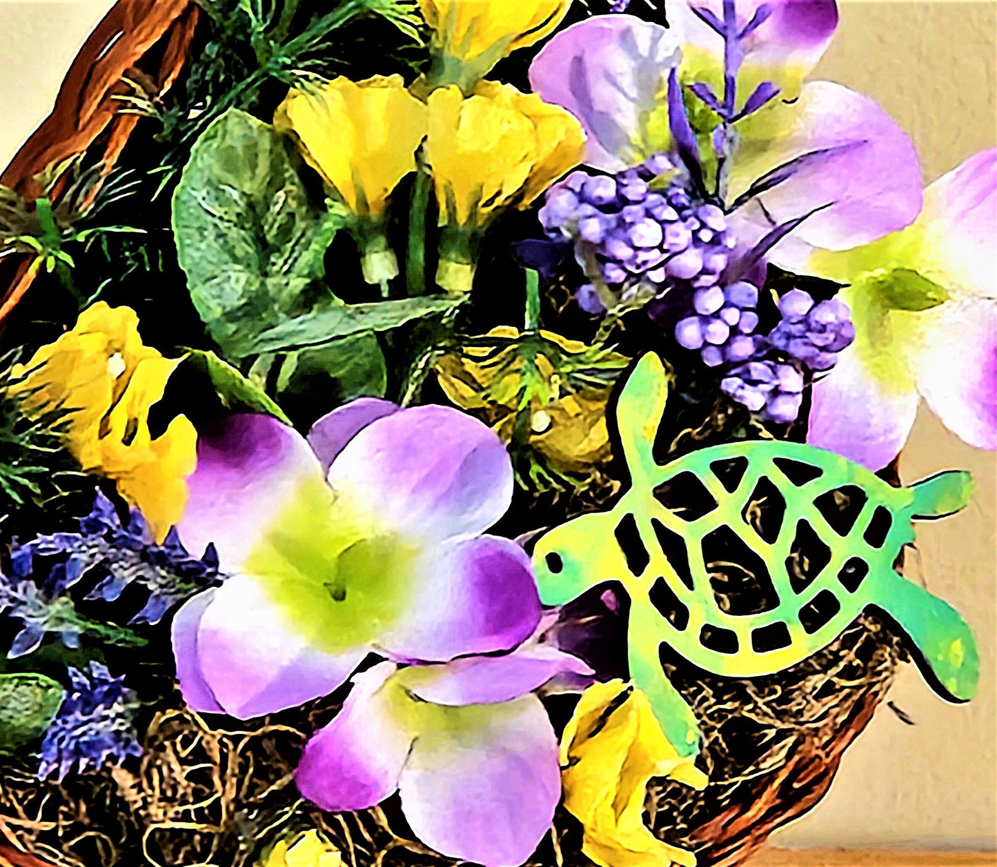 Artificial Flower Arrangement in Grapevine Heart With Turtle,