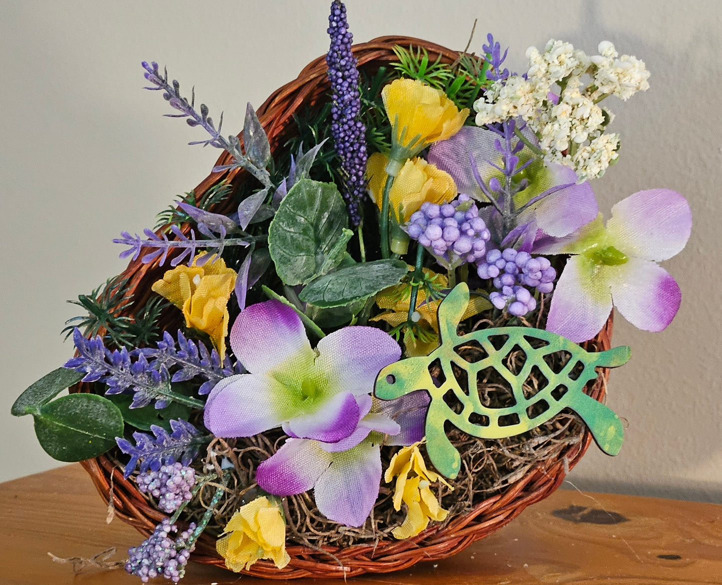 Artificial Flower Arrangement in Grapevine Heart With Turtle,