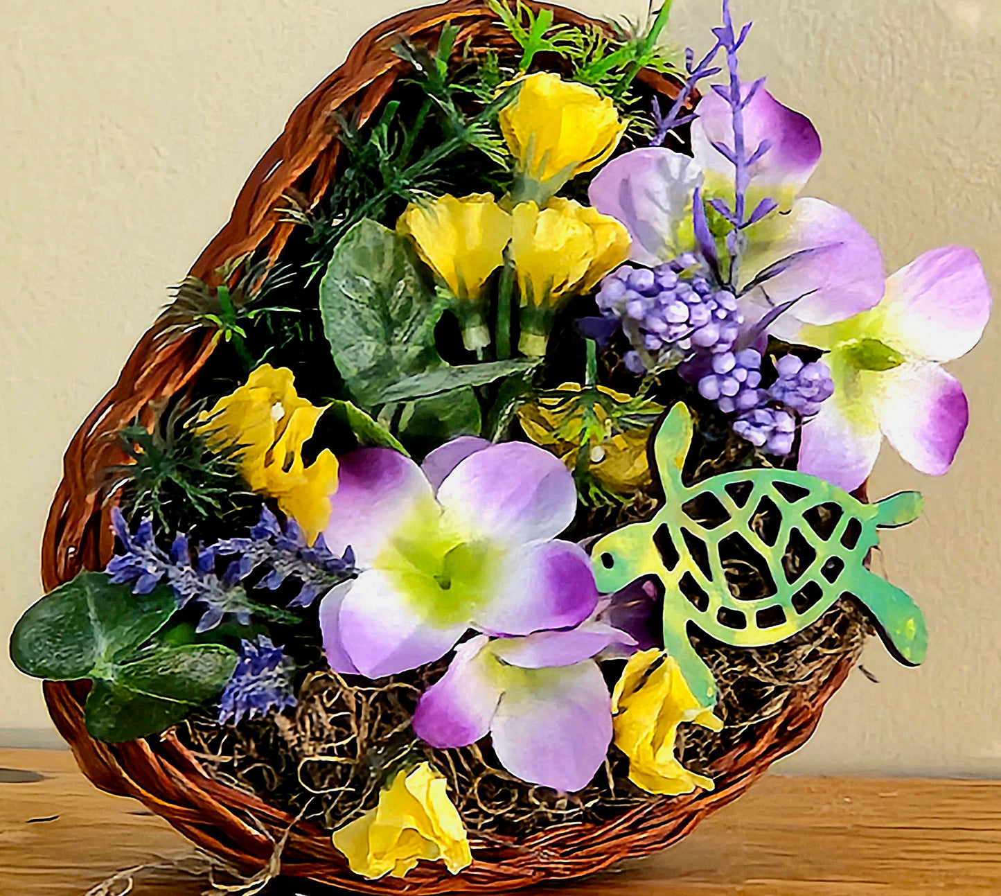 Artificial Flower Arrangement in Grapevine Heart With Turtle,