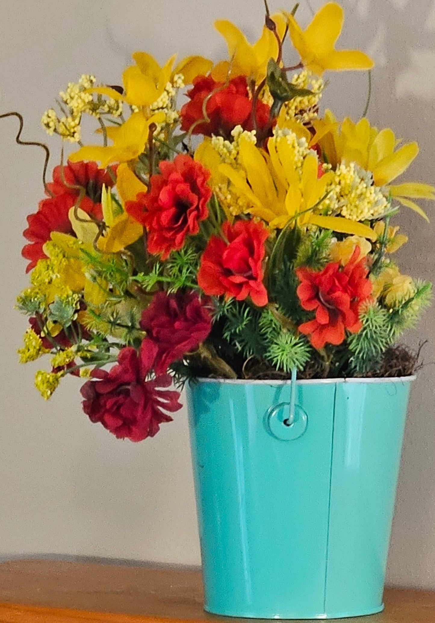 Artificial Flower Arrangement, Round Blue Tin Bucket, Gnome Décor