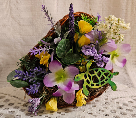 Artificial Flower Arrangement in Grapevine Heart With Turtle,