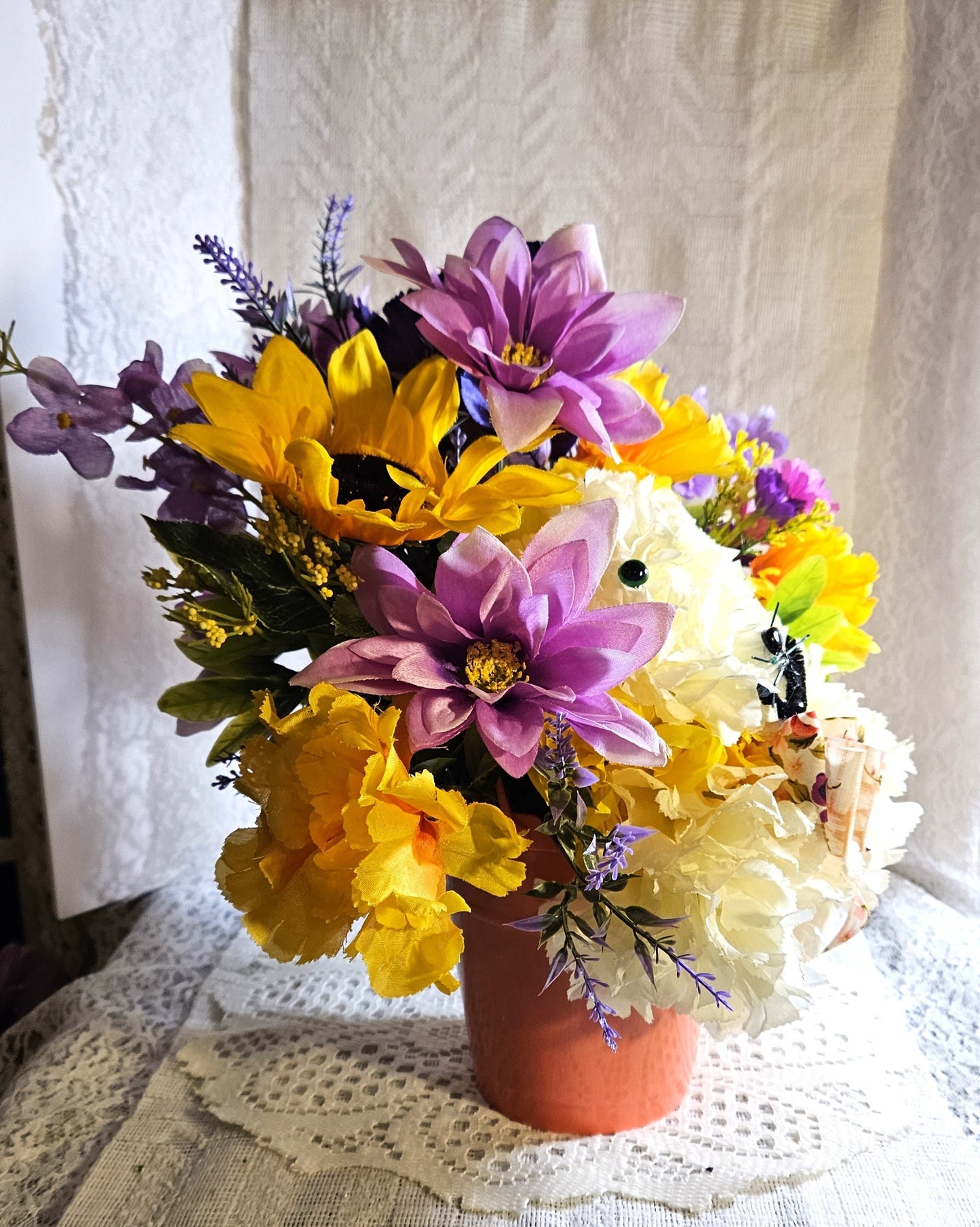 Artificial Flower Arrangement, Handmade Faux Carnation Cat with Bow