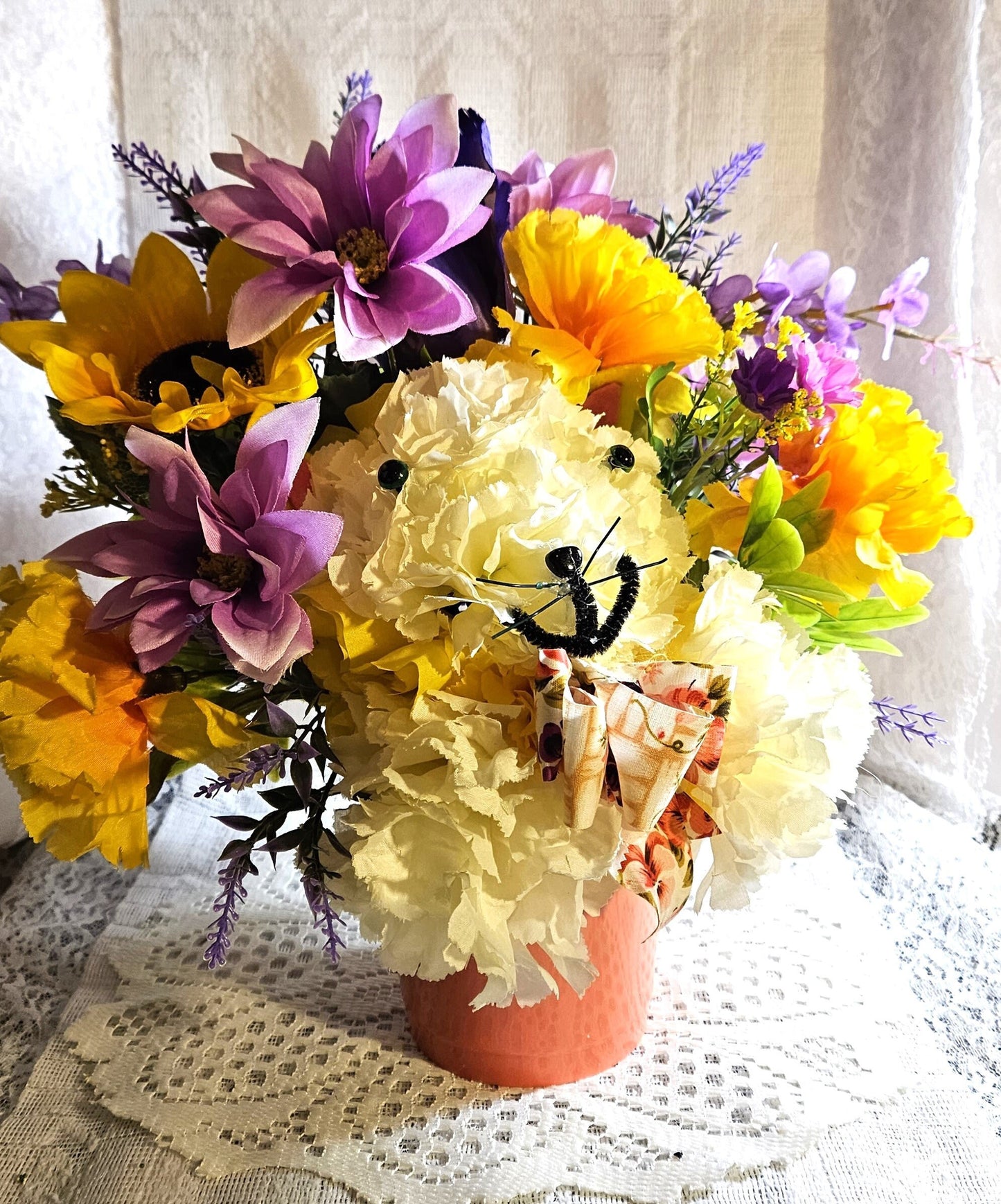Artificial Flower Arrangement, Handmade Faux Carnation Cat with Bow