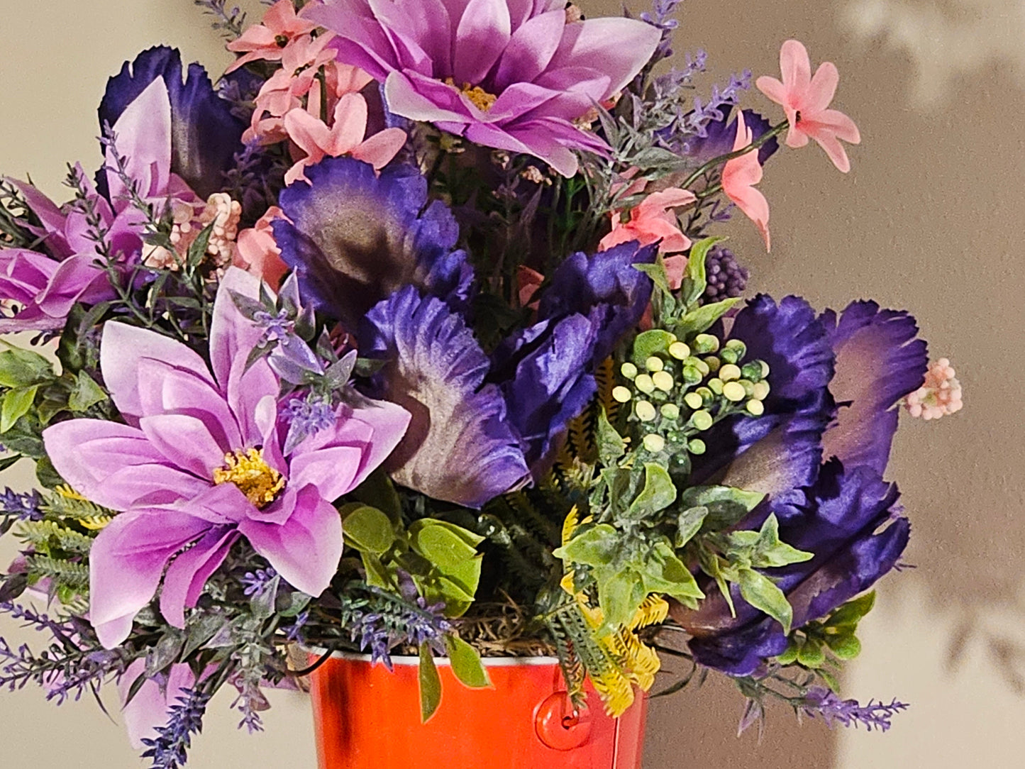 Artificial Floral Arrangement in Round Red Bucket with Gnome