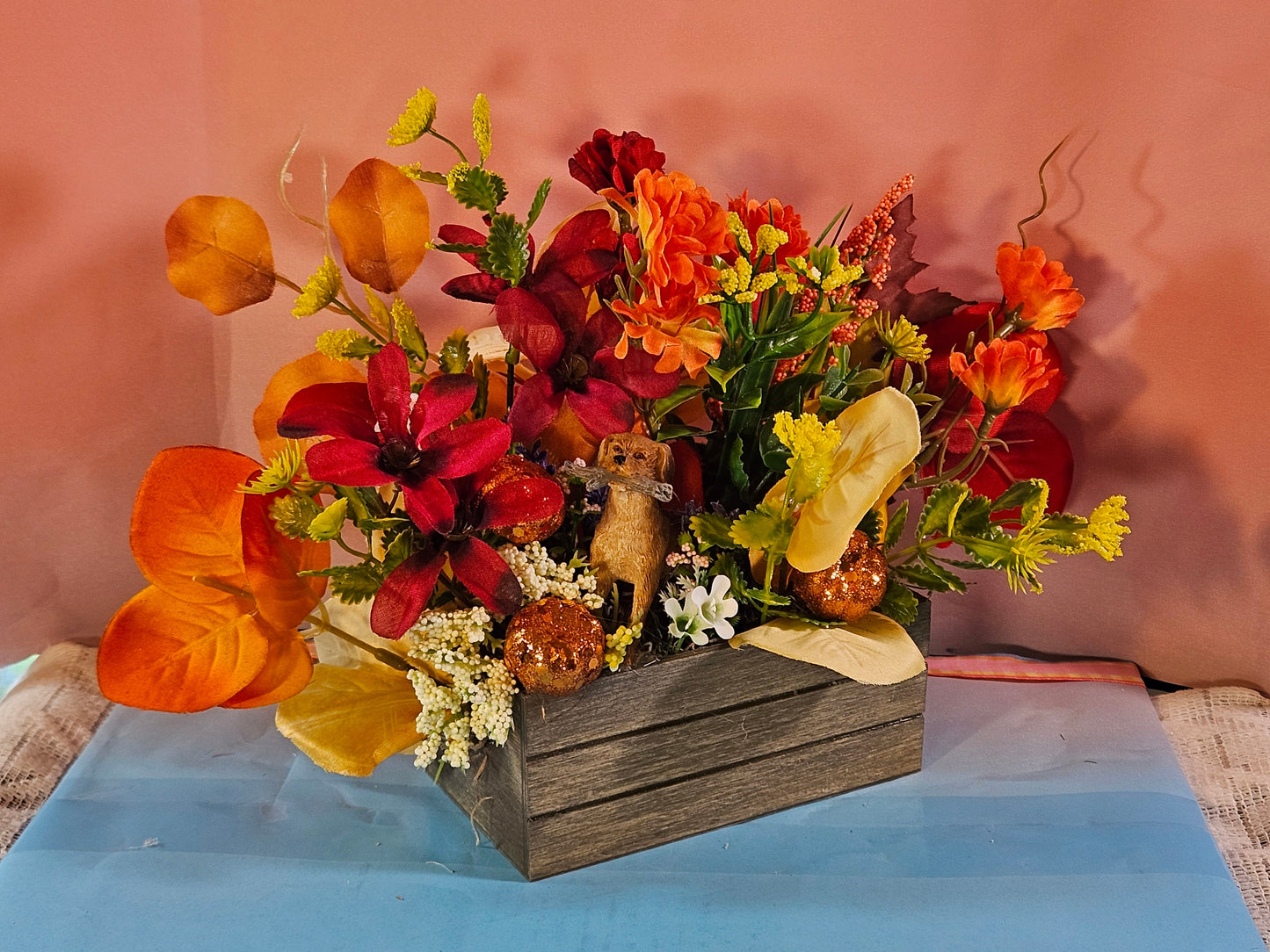 Artificial Flower Arrangement with Retriever Dog