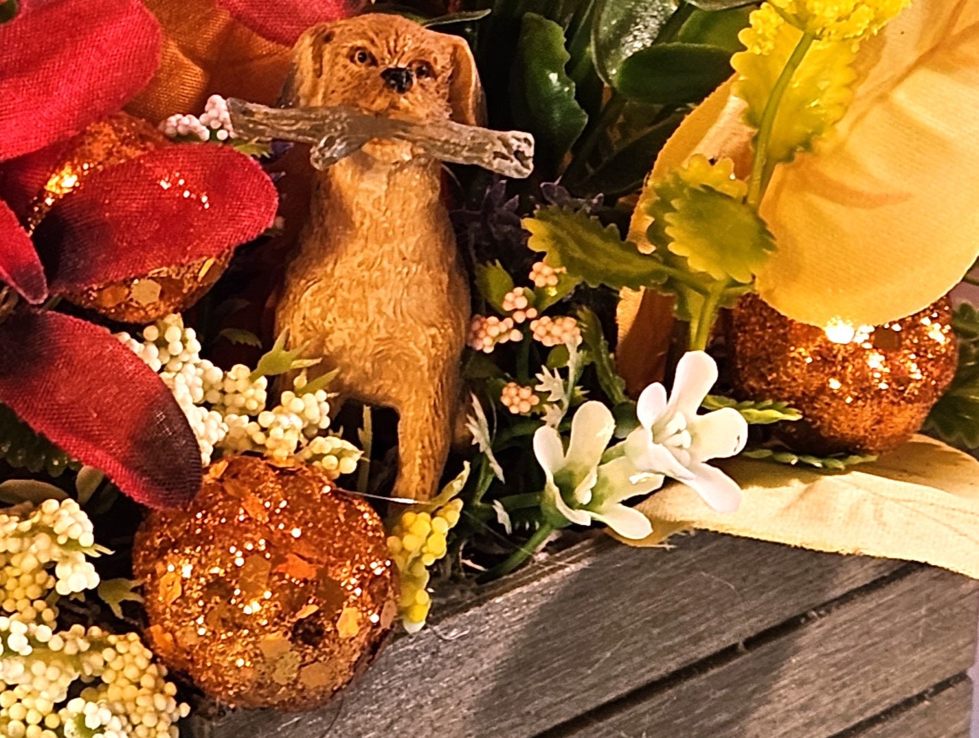 Artificial Flower Arrangement with Retriever Dog