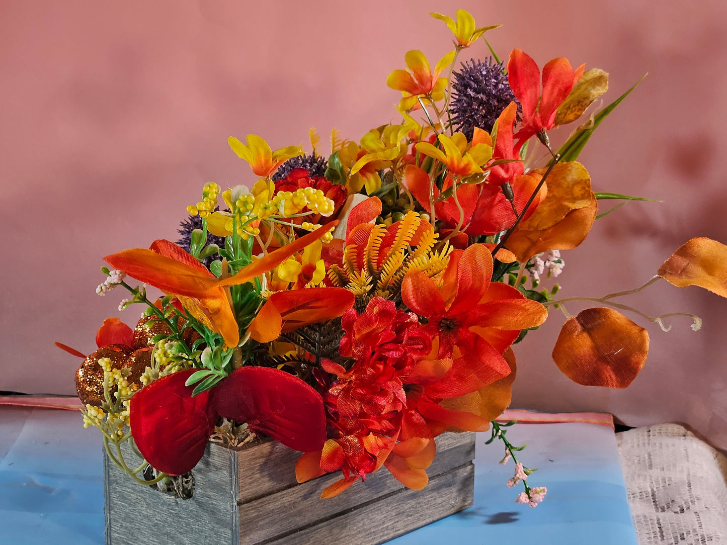 Yorkie Dog Fall Flower Arrangement: Pumpkin Patch Wooden Crate