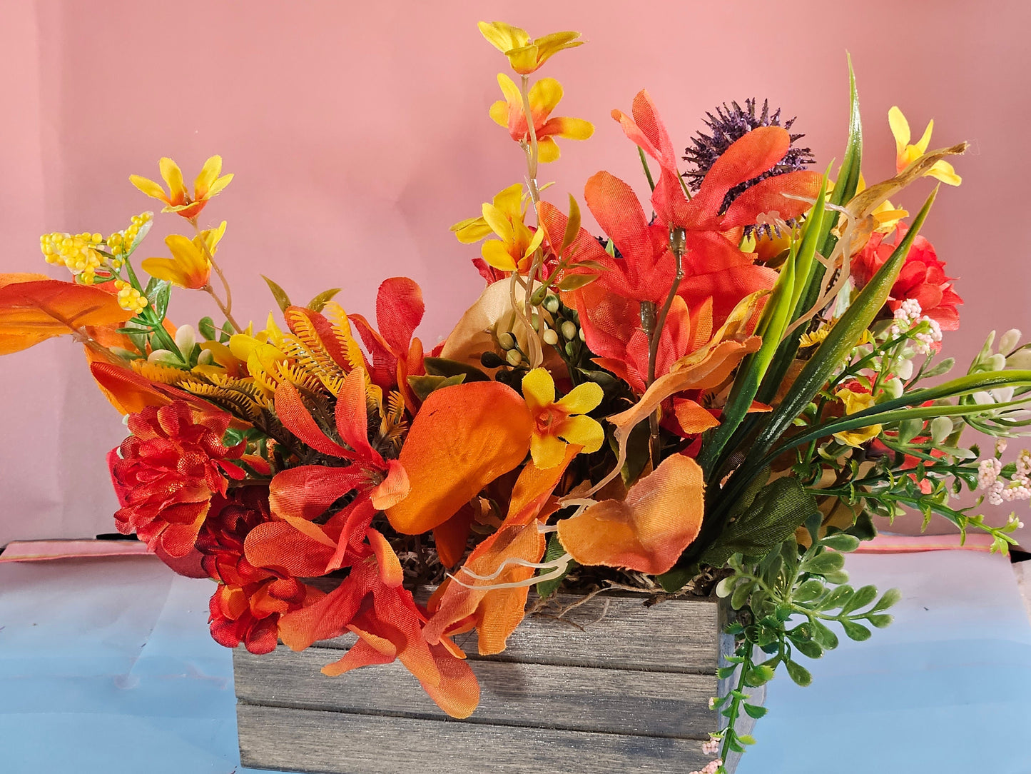 Yorkie Dog Fall Flower Arrangement: Pumpkin Patch Wooden Crate
