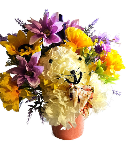 Artificial Flower Arrangement, Handmade Faux Carnation Cat with Bow